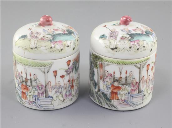 A pair of Chinese famille rose covered wine warmers and covers, late 19th century, height 9.3cm, covers repaired